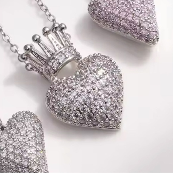 Moon Goddess Emporium Jewelry - 18K White Gold Heart & Crown Pendant Necklace With Pave Diamond Inlay